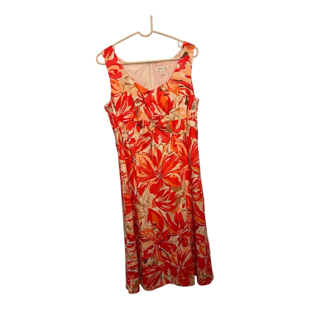 Coldwater Creek Floral MIdi Dress Sleeveless Cotton Blend Size 14 Red‎ Orange